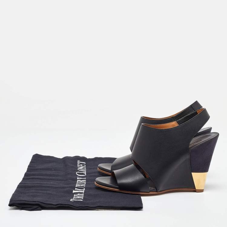 Pre Owned Chloe Black/Blue Suede and Leather Eliza Wedge Slingback Sandals Size 36