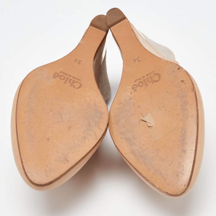 Pre Owned Chloe Beige/Grey Leather and Suede Wedge Slingback Pumps Size 34