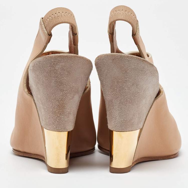 Pre Owned Chloe Beige/Grey Leather and Suede Wedge Slingback Pumps Size 34