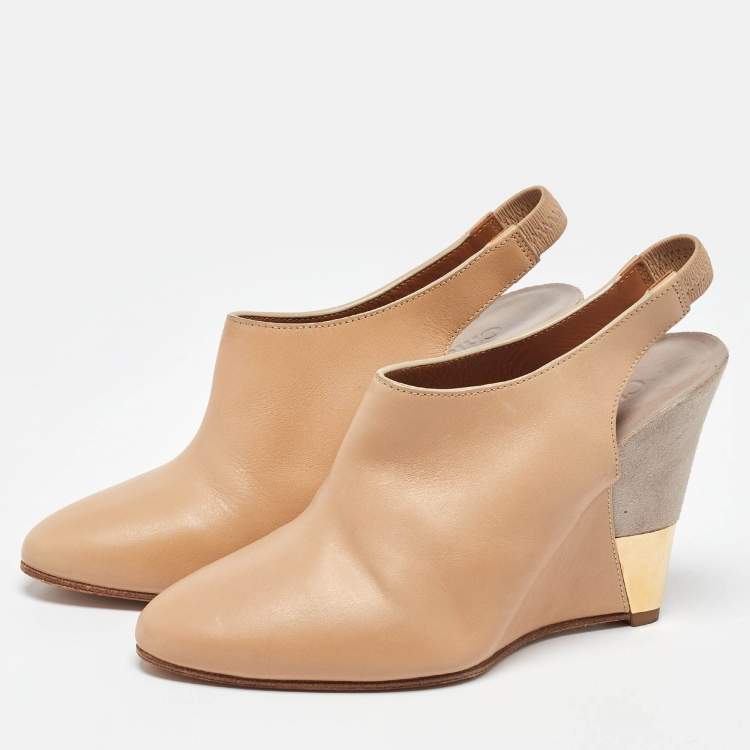 Pre Owned Chloe Beige/Grey Leather and Suede Wedge Slingback Pumps Size 34