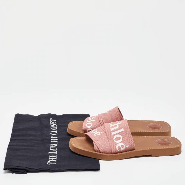 Pre Owned Chloe Pink Canvas Logo Ribbon Woody Flat Slide Sandals Size 38