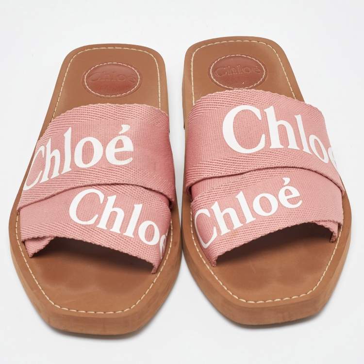 Pre Owned Chloe Pink Canvas Logo Ribbon Woody Flat Slide Sandals Size 38