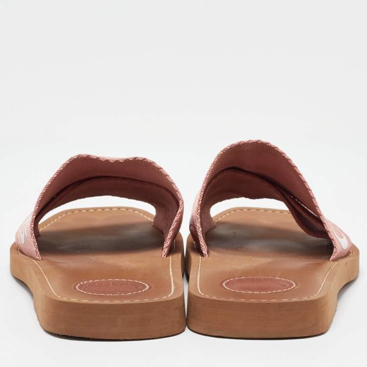 Pre Owned Chloe Pink Canvas Logo Ribbon Woody Flat Slide Sandals Size 38