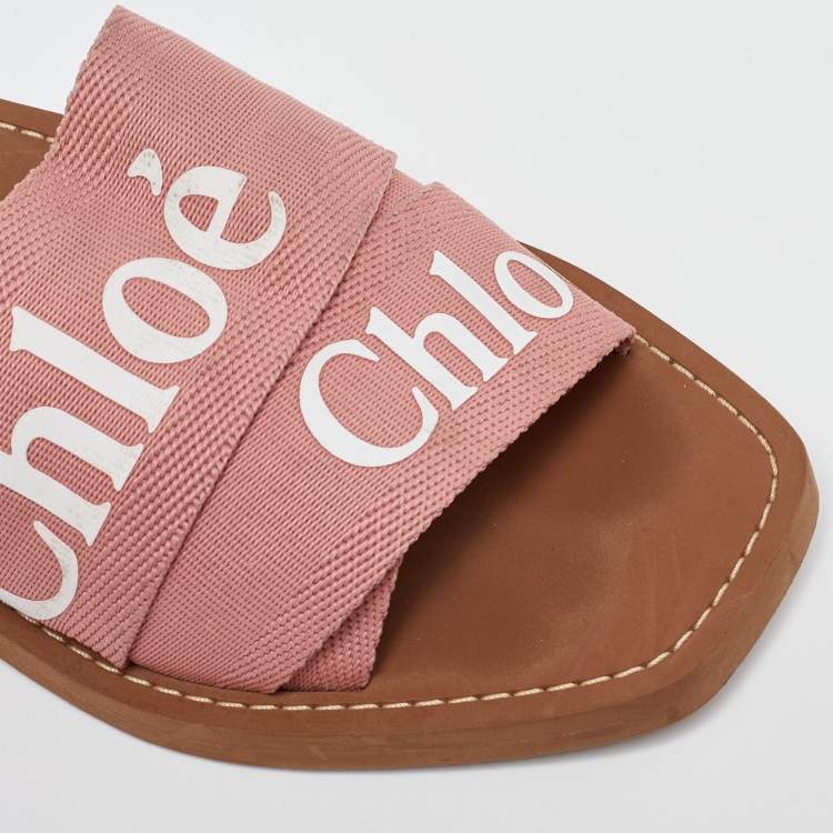 Pre Owned Chloe Pink Canvas Logo Ribbon Woody Flat Slide Sandals Size 38