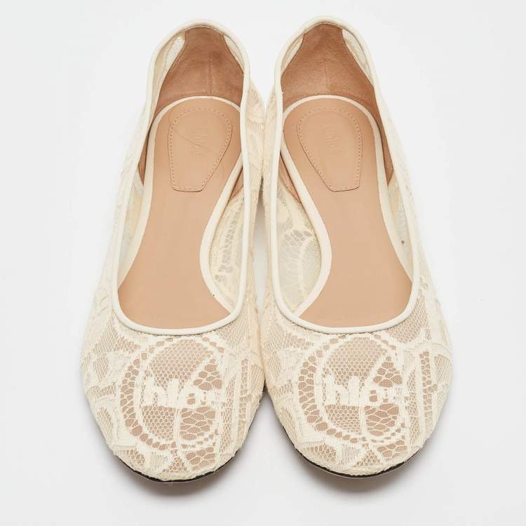 Pre Owned Chloe Cream Lace Ballet Flats Size 37