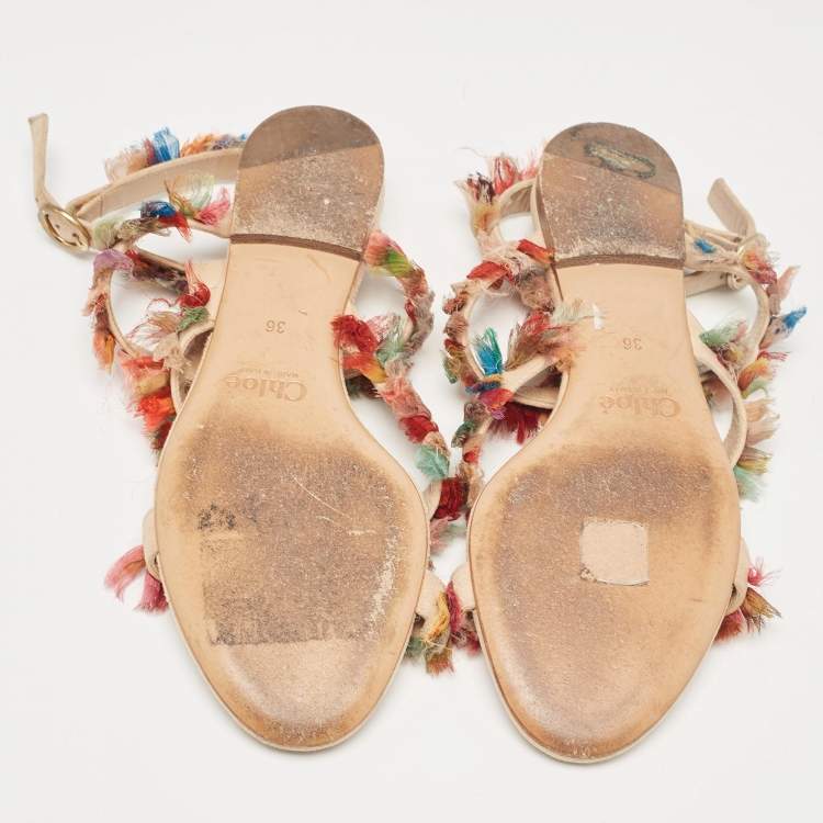 Pre Owned Chloe Multicolor Suede and Silk Tassel Liz Flat Sandals Size 36
