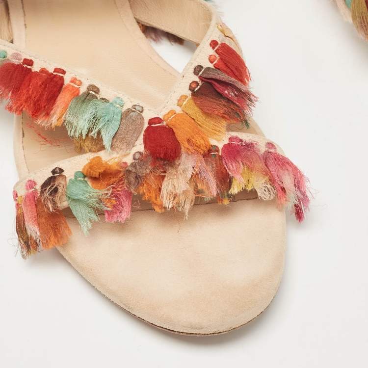 Pre Owned Chloe Multicolor Suede and Silk Tassel Liz Flat Sandals Size 36