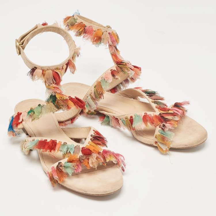 Pre Owned Chloe Multicolor Suede and Silk Tassel Liz Flat Sandals Size 36