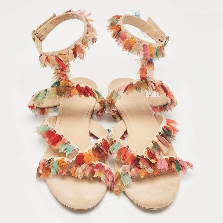Pre Owned Chloe Multicolor Suede and Silk Tassel Liz Flat Sandals Size 36