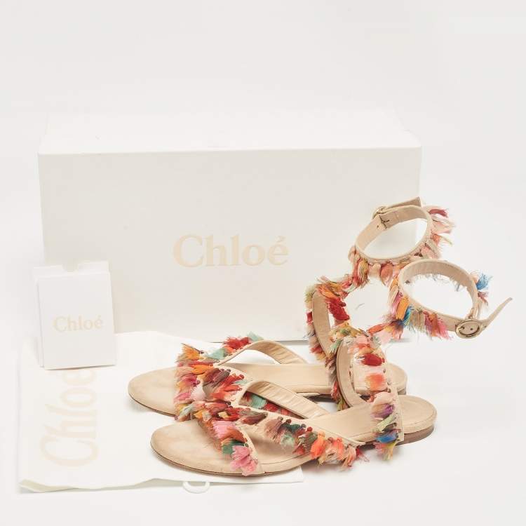 Pre Owned Chloe Multicolor Suede and Silk Tassel Liz Flat Sandals Size 36