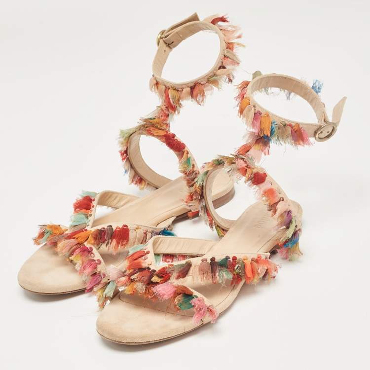 Pre Owned Chloe Multicolor Suede and Silk Tassel Liz Flat Sandals Size 36