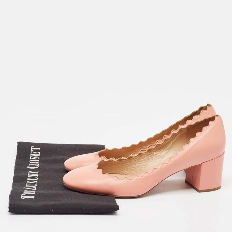 Pre Owned Chloe Pink Leather Laurena Scalloped Block Heel Pumps Size 37