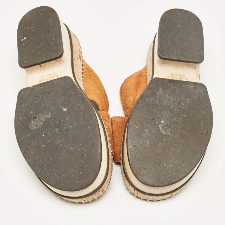 Pre Owned Chloe Brown Suede Crisscross Platform Slide Sandals Size 37