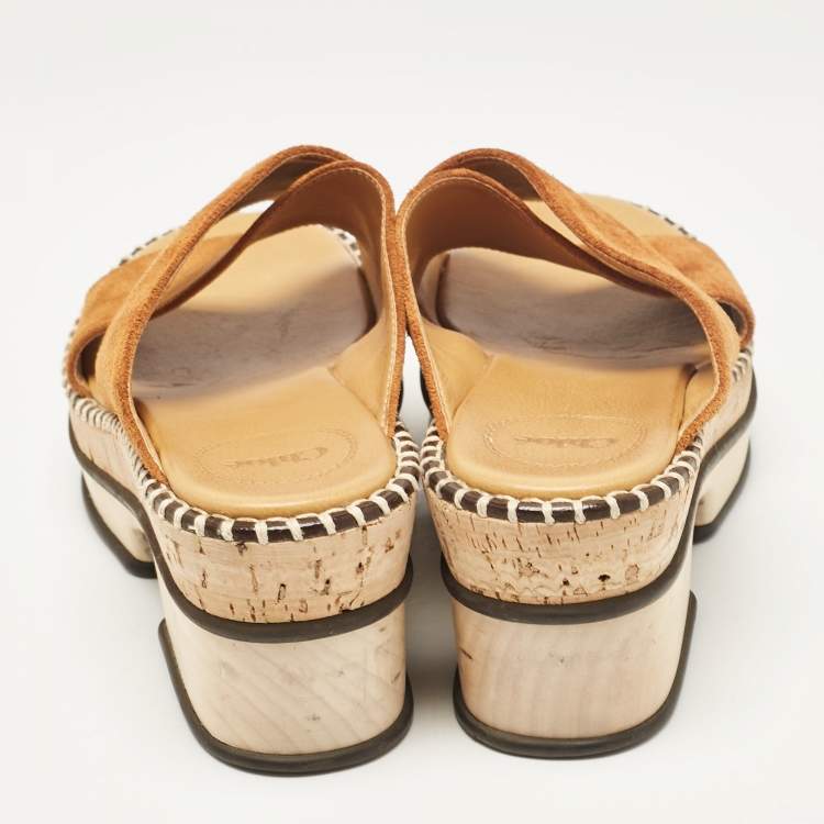 Pre Owned Chloe Brown Suede Crisscross Platform Slide Sandals Size 37
