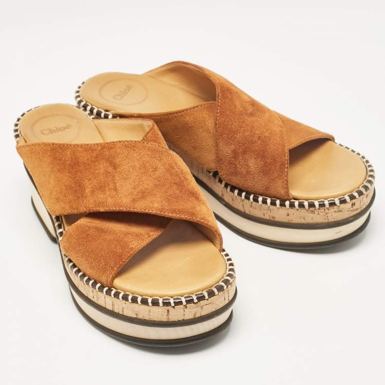 Pre Owned Chloe Brown Suede Crisscross Platform Slide Sandals Size 37