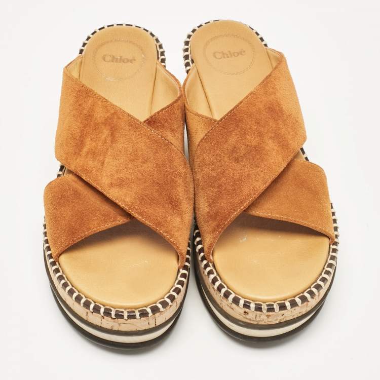 Pre Owned Chloe Brown Suede Crisscross Platform Slide Sandals Size 37