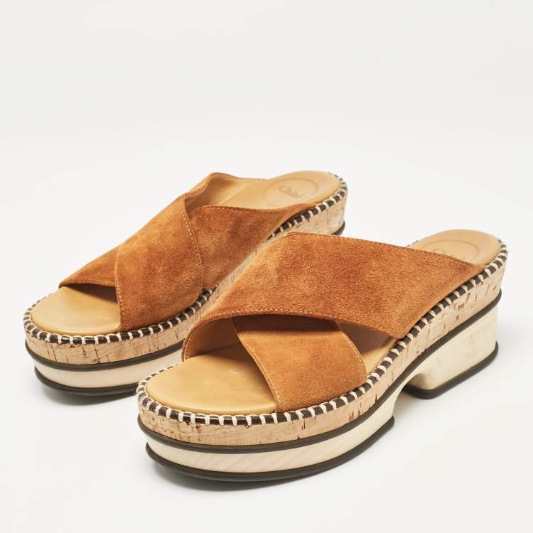 Pre Owned Chloe Brown Suede Crisscross Platform Slide Sandals Size 37