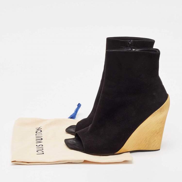Pre Owned Louis Vuitton Black Suede Wedge Ankle Length Boots Size 38