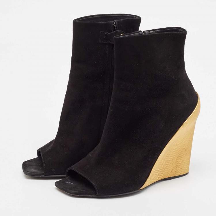Pre Owned Louis Vuitton Black Suede Wedge Ankle Length Boots Size 38