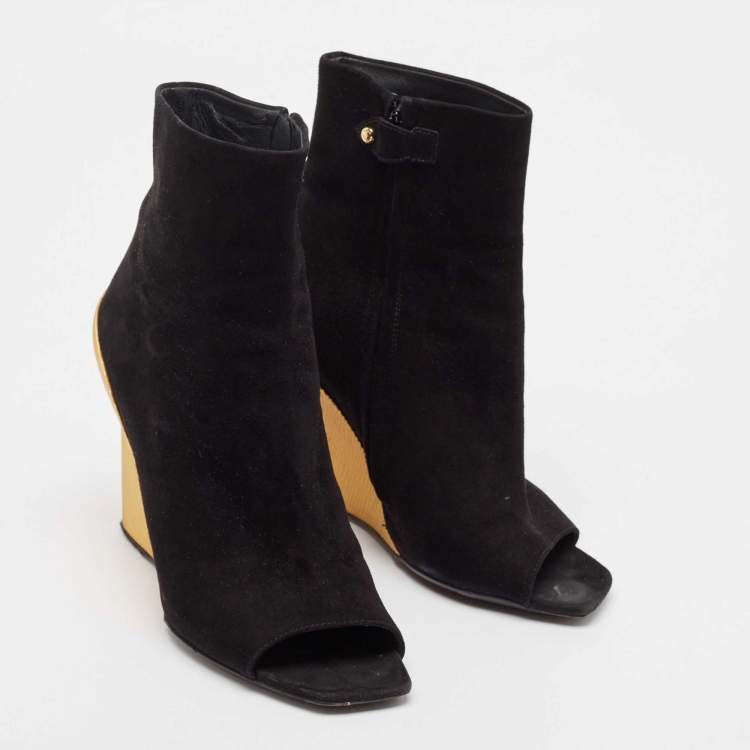 Pre Owned Louis Vuitton Black Suede Wedge Ankle Length Boots Size 38