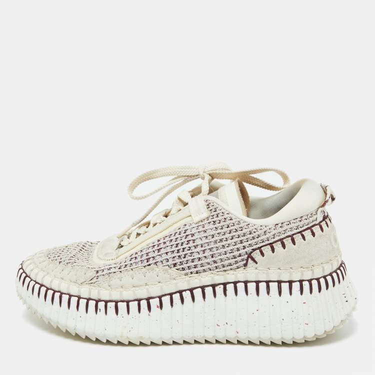 Pre Owned Chloe Grey/Burgundy Knit Fabric and Suede Nama Low Top Sneakers Size 39