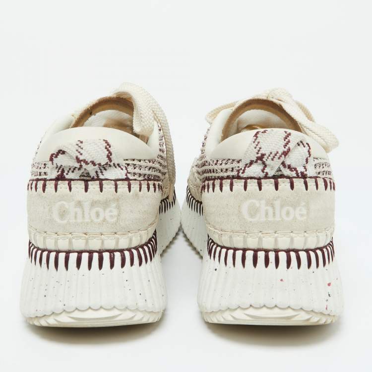 Pre Owned Chloe Grey/Burgundy Knit Fabric and Suede Nama Low Top Sneakers Size 39