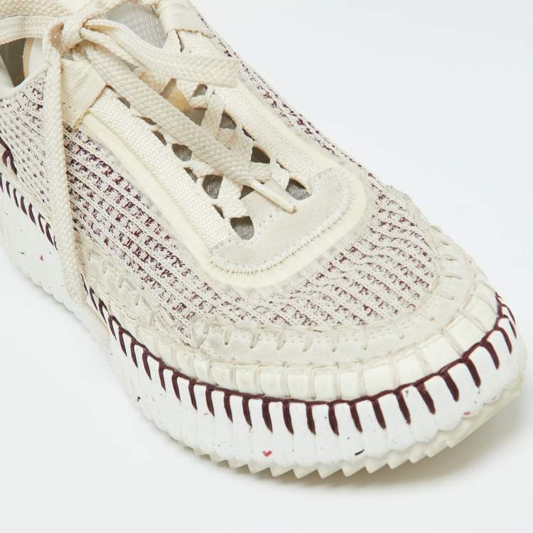 Pre Owned Chloe Grey/Burgundy Knit Fabric and Suede Nama Low Top Sneakers Size 39