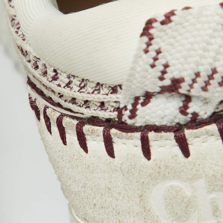 Pre Owned Chloe Grey/Burgundy Knit Fabric and Suede Nama Low Top Sneakers Size 39
