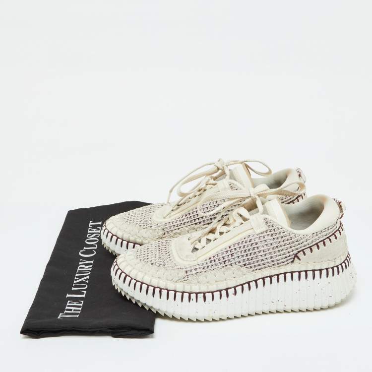 Pre Owned Chloe Grey/Burgundy Knit Fabric and Suede Nama Low Top Sneakers Size 39