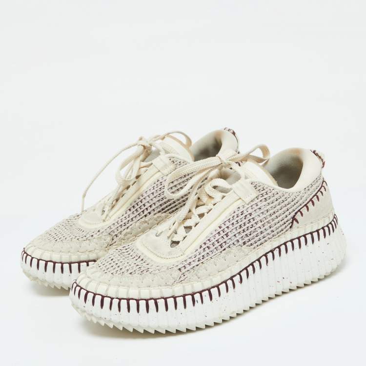 Pre Owned Chloe Grey/Burgundy Knit Fabric and Suede Nama Low Top Sneakers Size 39