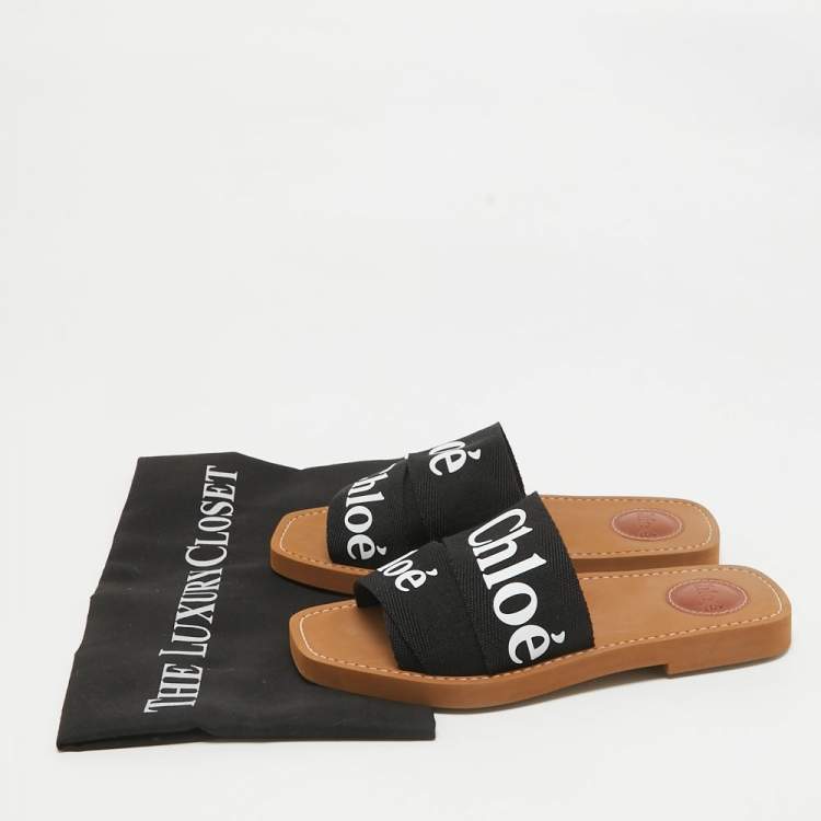 Pre Owned Chloe Black Canvas Woody Flat Slides Size 36