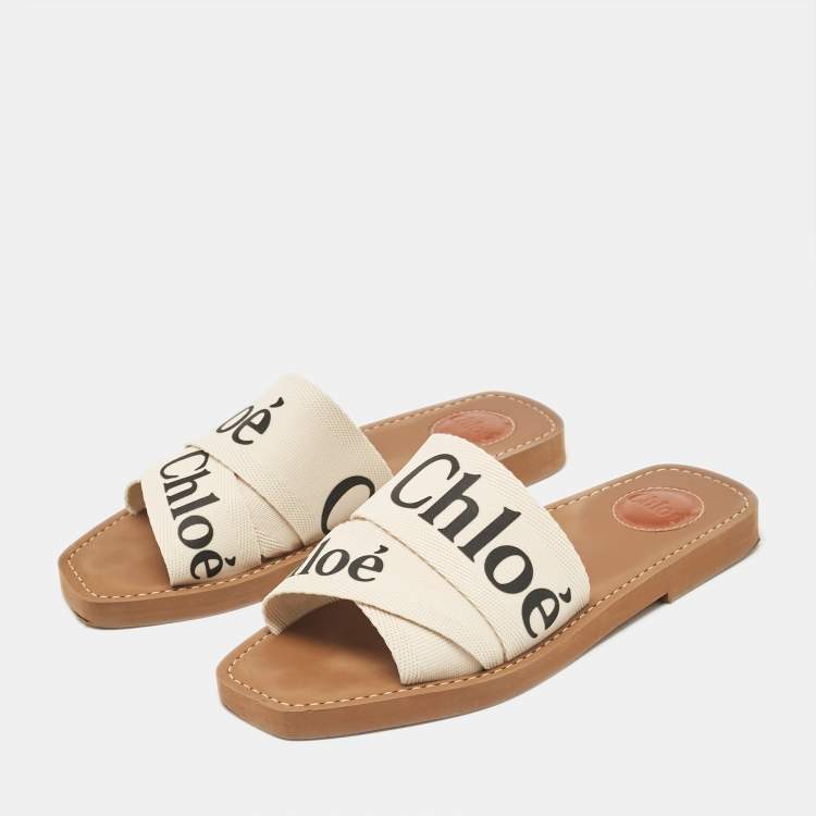 Pre Owned Chloe Cream Knit Fabric  Woody Flat Slides Size 37