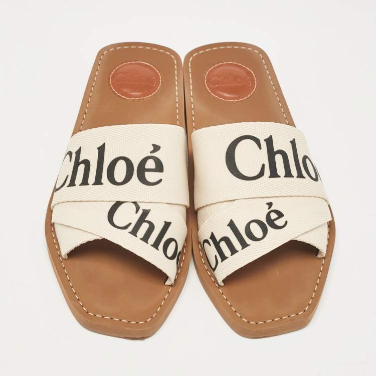 Pre Owned Chloe Cream Knit Fabric  Woody Flat Slides Size 37