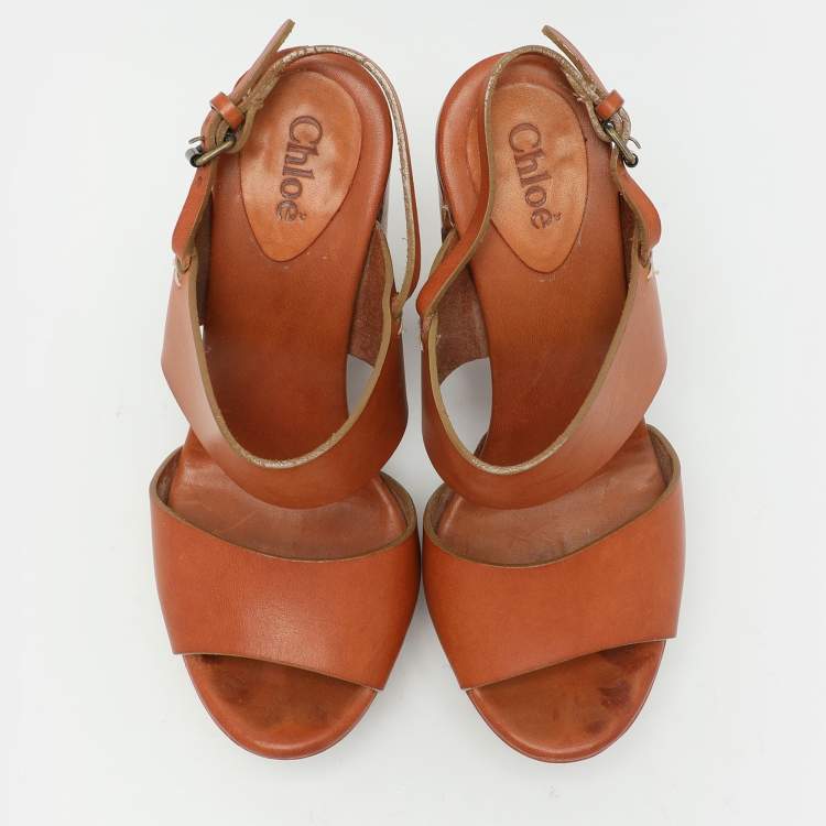 Pre Owned Chloe Brown Leather Platform Ankle Strap Sandals Size 35.5