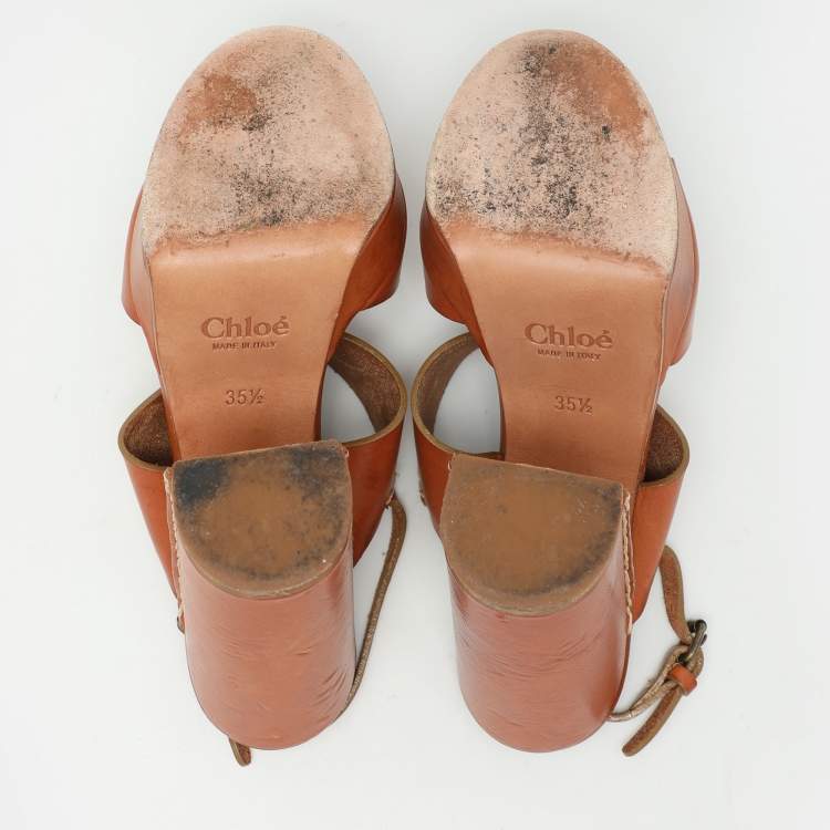 Pre Owned Chloe Brown Leather Platform Ankle Strap Sandals Size 35.5