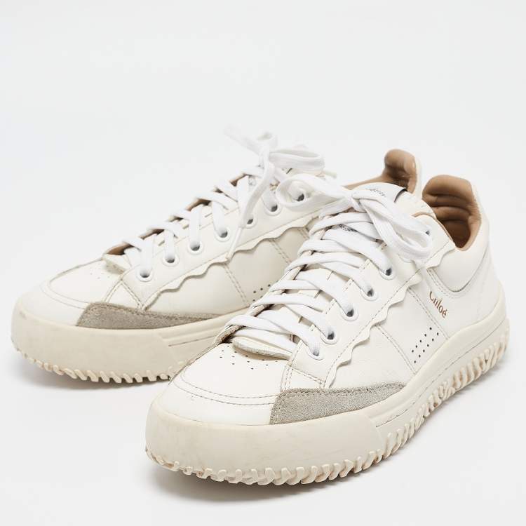 Pre Owned Chloe White/Grey Leather and Suede Lace Up Sneakers Size 37