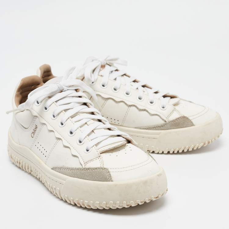 Pre Owned Chloe White/Grey Leather and Suede Lace Up Sneakers Size 37