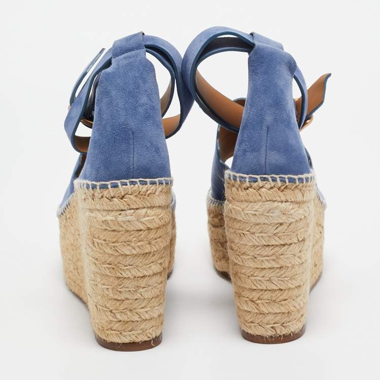 Pre Owned Chloe Blue Suede Wedge Espadrille Sandals Size 41