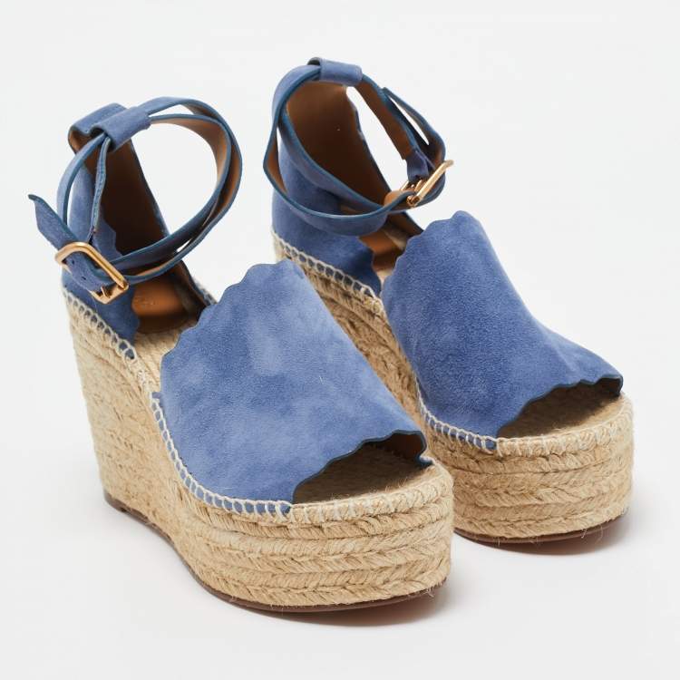 Pre Owned Chloe Blue Suede Wedge Espadrille Sandals Size 41