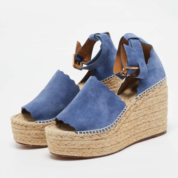 Pre Owned Chloe Blue Suede Wedge Espadrille Sandals Size 41