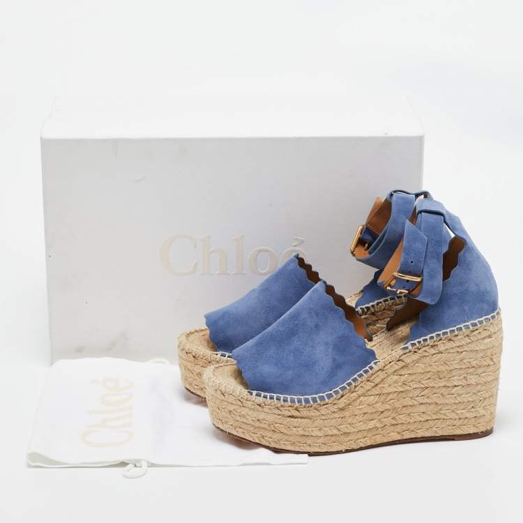 Pre Owned Chloe Blue Suede Wedge Espadrille Sandals Size 41