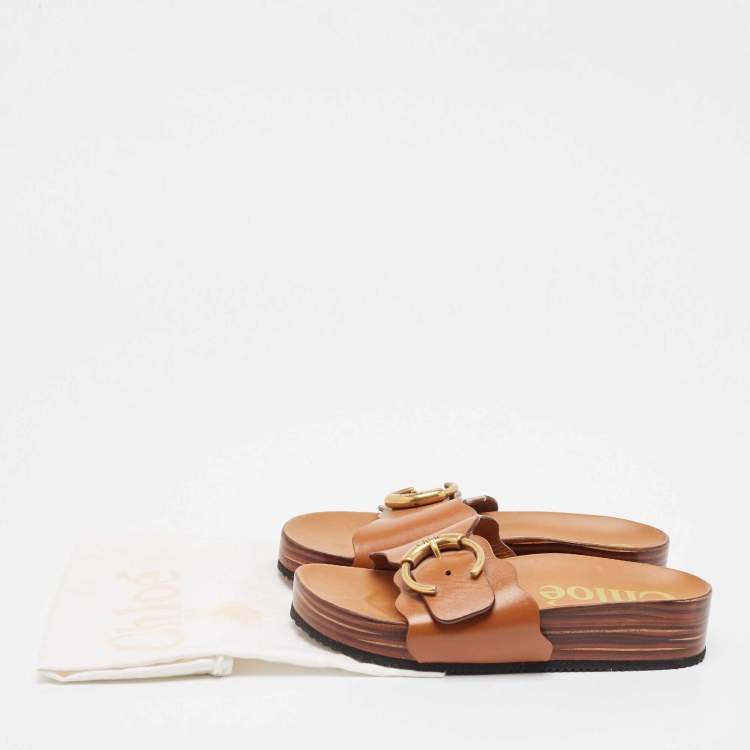 Pre Owned Chloe Brown Leather Buckle Wedge Sandals Size 38