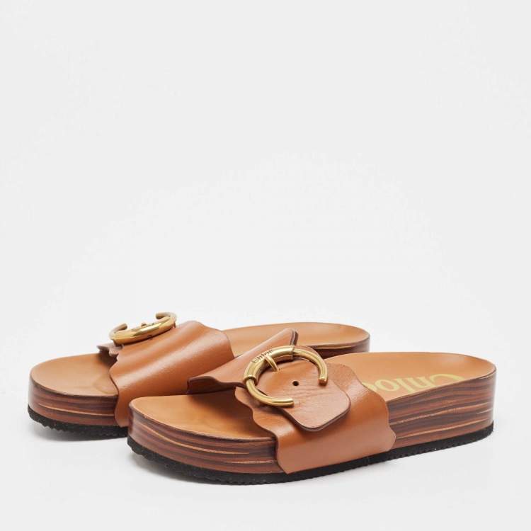 Pre Owned Chloe Brown Leather Buckle Wedge Sandals Size 38