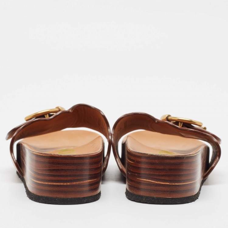 Pre Owned Chloe Brown Leather Buckle Wedge Sandals Size 38