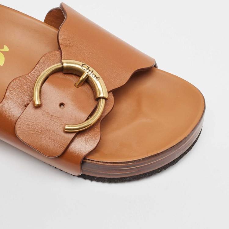Pre Owned Chloe Brown Leather Buckle Wedge Sandals Size 38