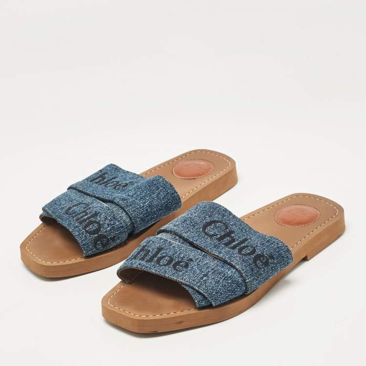 Pre Owned Chloé Blue Denim Woody Flat Sandals Size 36