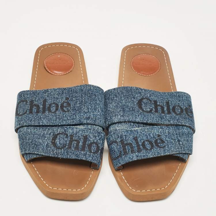 Pre Owned Chloé Blue Denim Woody Flat Sandals Size 36