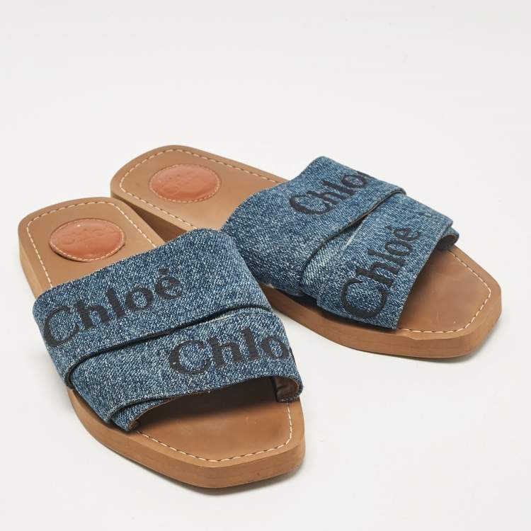 Pre Owned Chloé Blue Denim Woody Flat Sandals Size 36