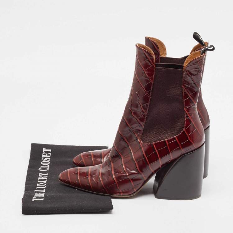 Pre Owned Chloe Burgundy Croc Embossed Leather Ankle Length Boots Size 39