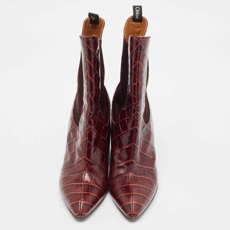 Pre Owned Chloe Burgundy Croc Embossed Leather Ankle Length Boots Size 39